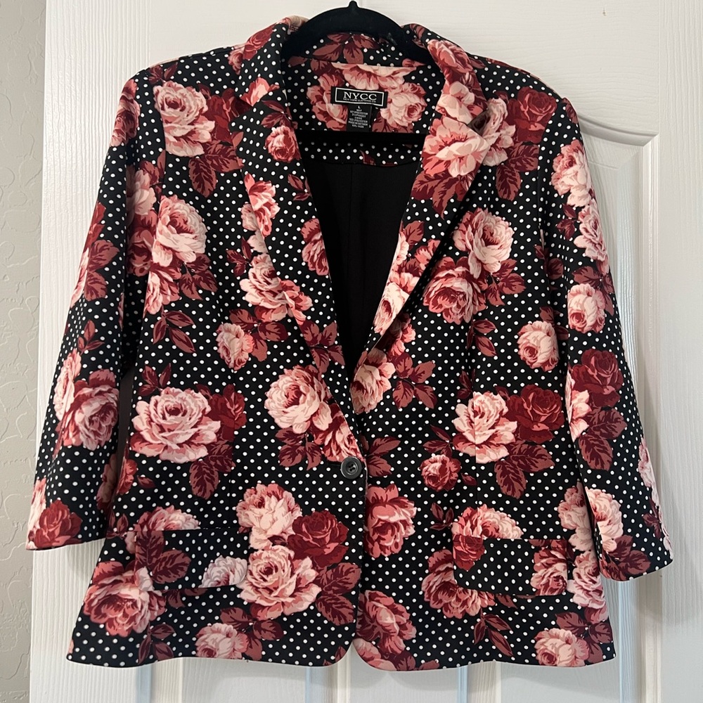 NY&C Black Floral Polka Dot Blazer with Pink Rose Print